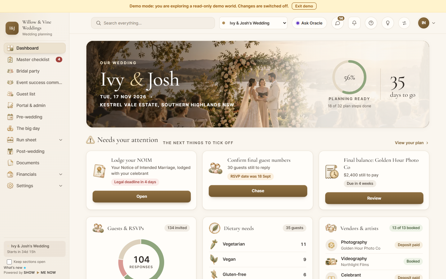 Sample wedding couple dashboard showing planning tools and wedding details
