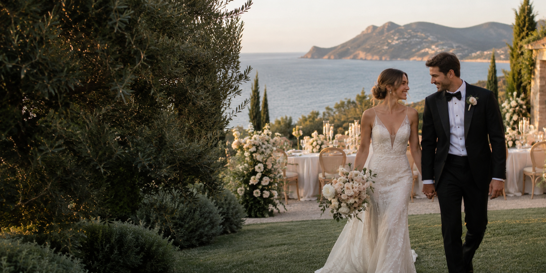 A couple walking through an intimate garden wedding overlooking the water